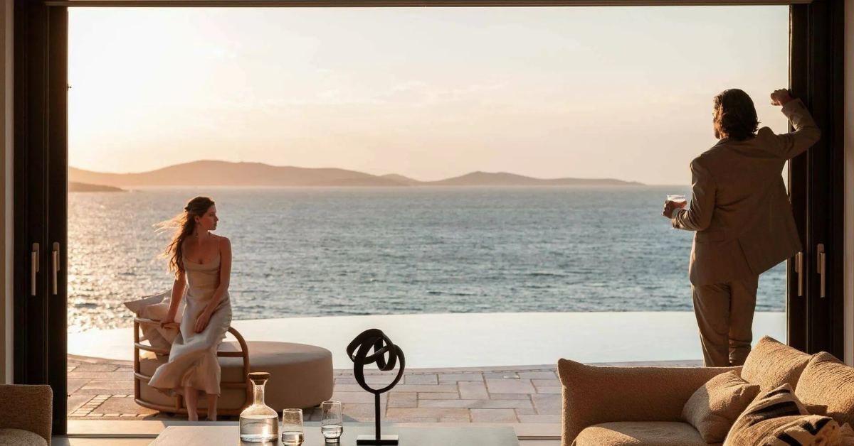 Luxury Mykonos villa with infinity pool overlooking the Aegean Sea, ideal for American travelers planning a Greece luxury vacation.